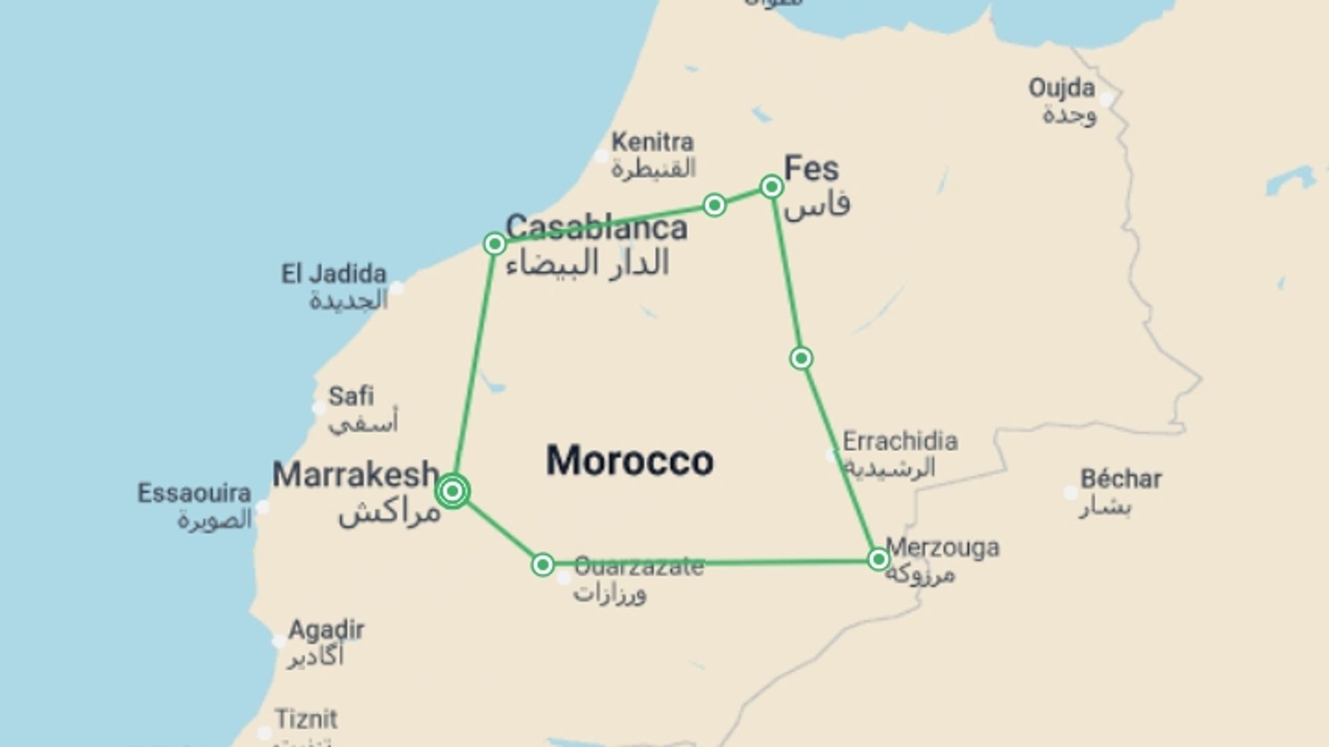 A map showing the tour itinerary for the trip: Best of Morocco Family Holiday, starting in Marrakech, Morocco and ending in Marrakech, Morocco going through 6 other destinations.