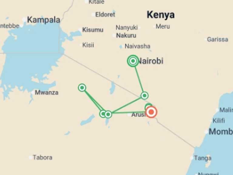 Map itinerary of Africa Tour in September 2026 with 9 destination visits for the trip: Serengeti & Kilimanjaro