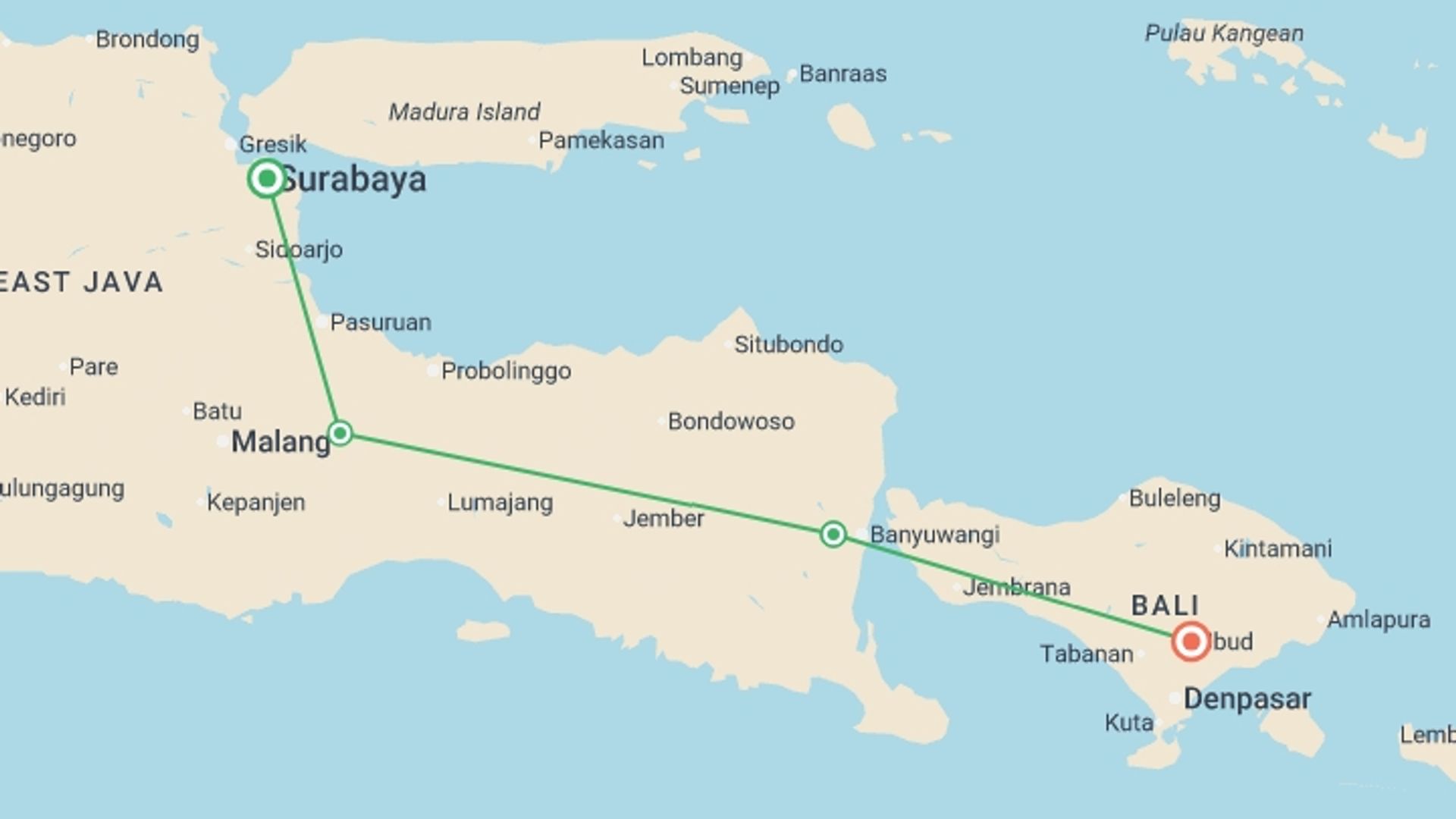 A map showing the tour itinerary for the trip: East Java & Bali Explorer - 6 days, starting in undefined, Indonesia and ending in undefined, Indonesia going through 0 other destinations.