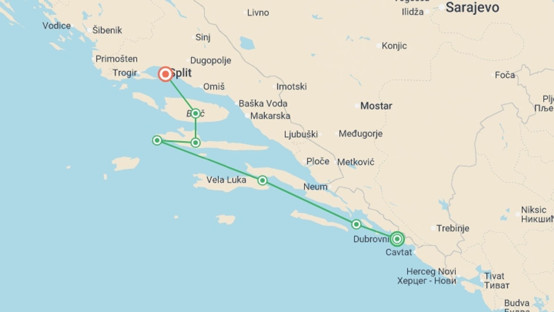 A map showing the tour itinerary for the trip: Croatia Island Express Premium Plus - 6 Days, starting in Dubrovnik, Croatia and ending in Split, Croatia going through 3 other destinations.