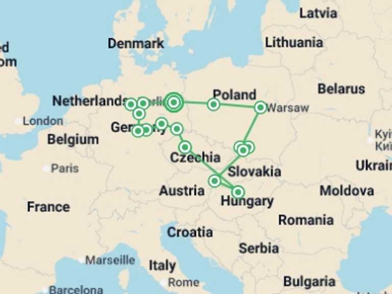 Map of Czech Republic and Germany Tour with 9 destination visits for the trip: Berlin, Prague, Budapest, and the Best of Poland