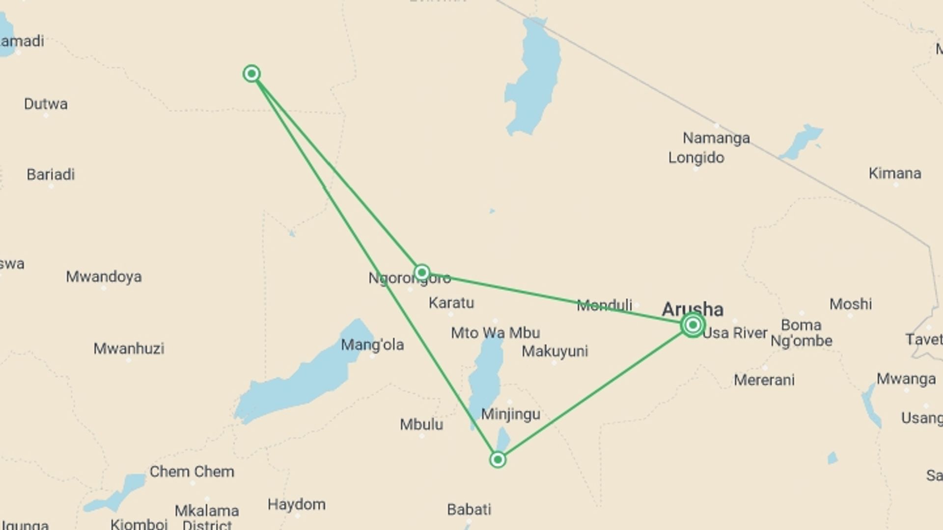 A map showing the tour itinerary for the trip: 6 Days – Serengeti Migration Group Safari, starting in Arusha, Tanzania and ending in Arusha, Tanzania going through 3 other destinations.