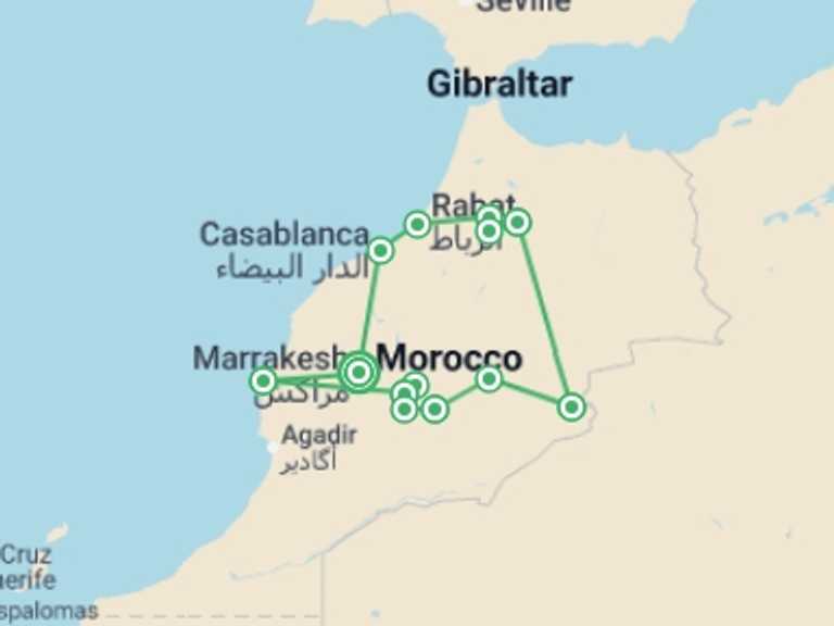 Map itinerary of Africa Tour in April 2027 with 8 destination visits for the trip: Highlights of Morocco