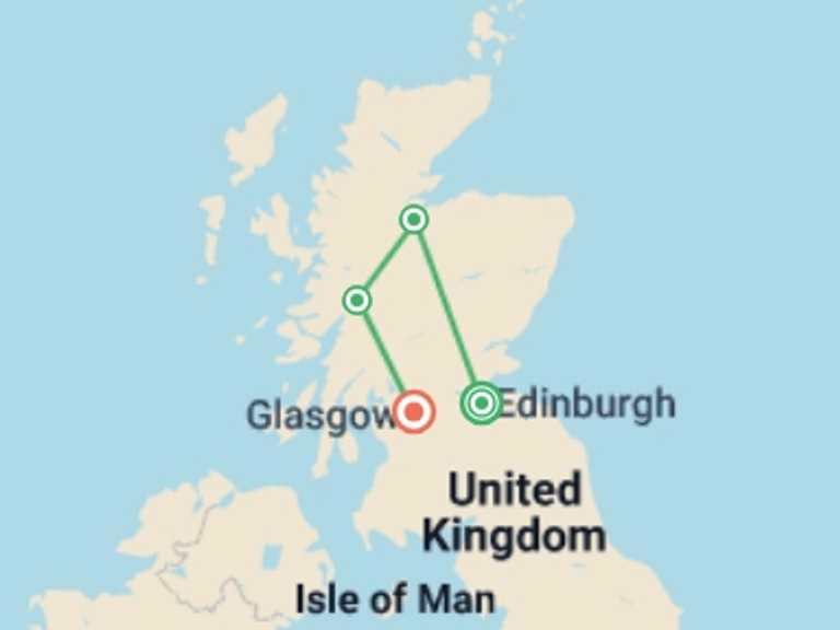 Map itinerary of Europe Tour in July 2026 with 4 destination visits for the trip: Highlights of Scotland