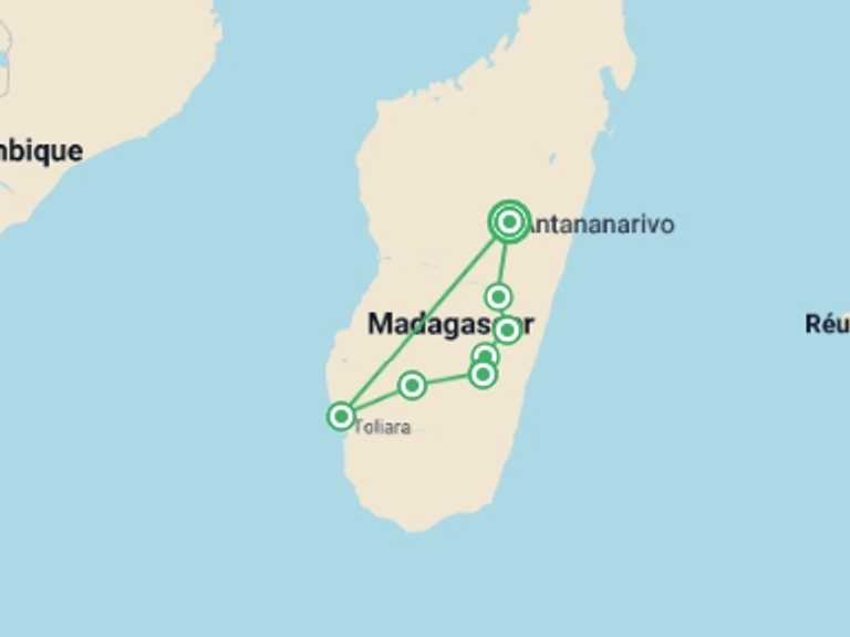 Map of Antananarivo Wildlife safaris and game drives Tour with 8 destination visits for the trip: Madagascar Wilderness Trek