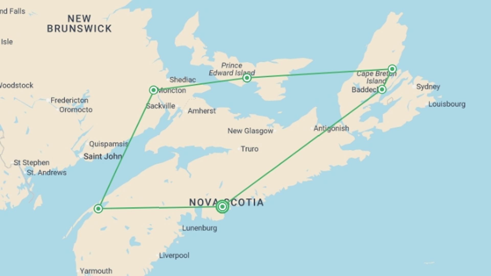 A map showing the tour itinerary for the trip: Landscapes of the Canadian Maritimes, starting in Halifax, Canada and ending in Halifax, Canada going through 5 other destinations.