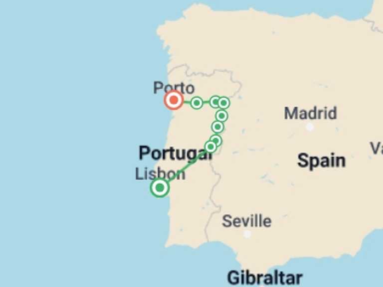 Map itinerary of Portugal Tour in September 2025 with 9 destination visits for the trip: Cycling Lisbon to Porto via the Historic Interior