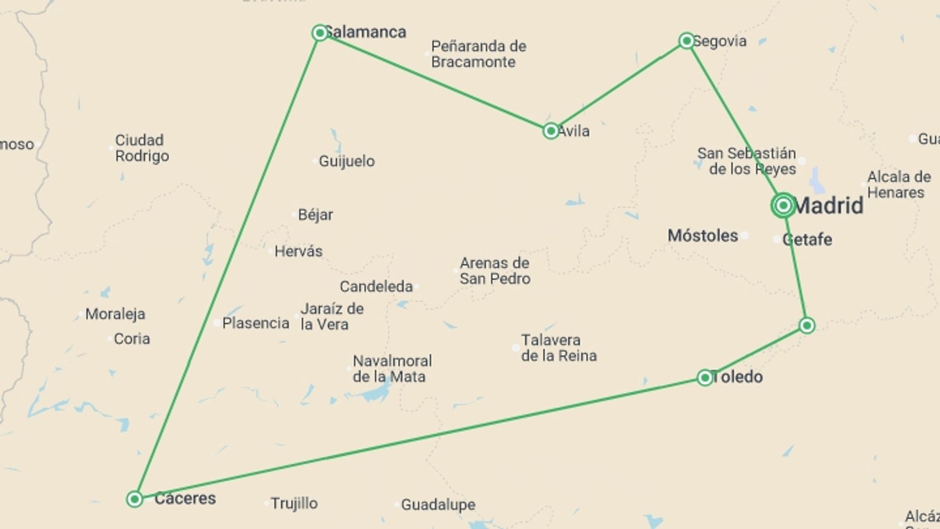 A map showing the tour itinerary for the trip: Madrid & World Heritage Cities, Self-drive, starting in Madrid, Spain and ending in Madrid, Spain going through 4 other destinations.