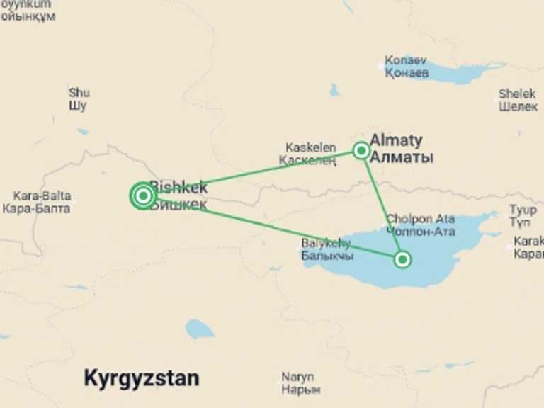 Map of Bishkek Explorer Tour with 3 destination visits for the trip: Bishkek To Bishkek (15 Days)