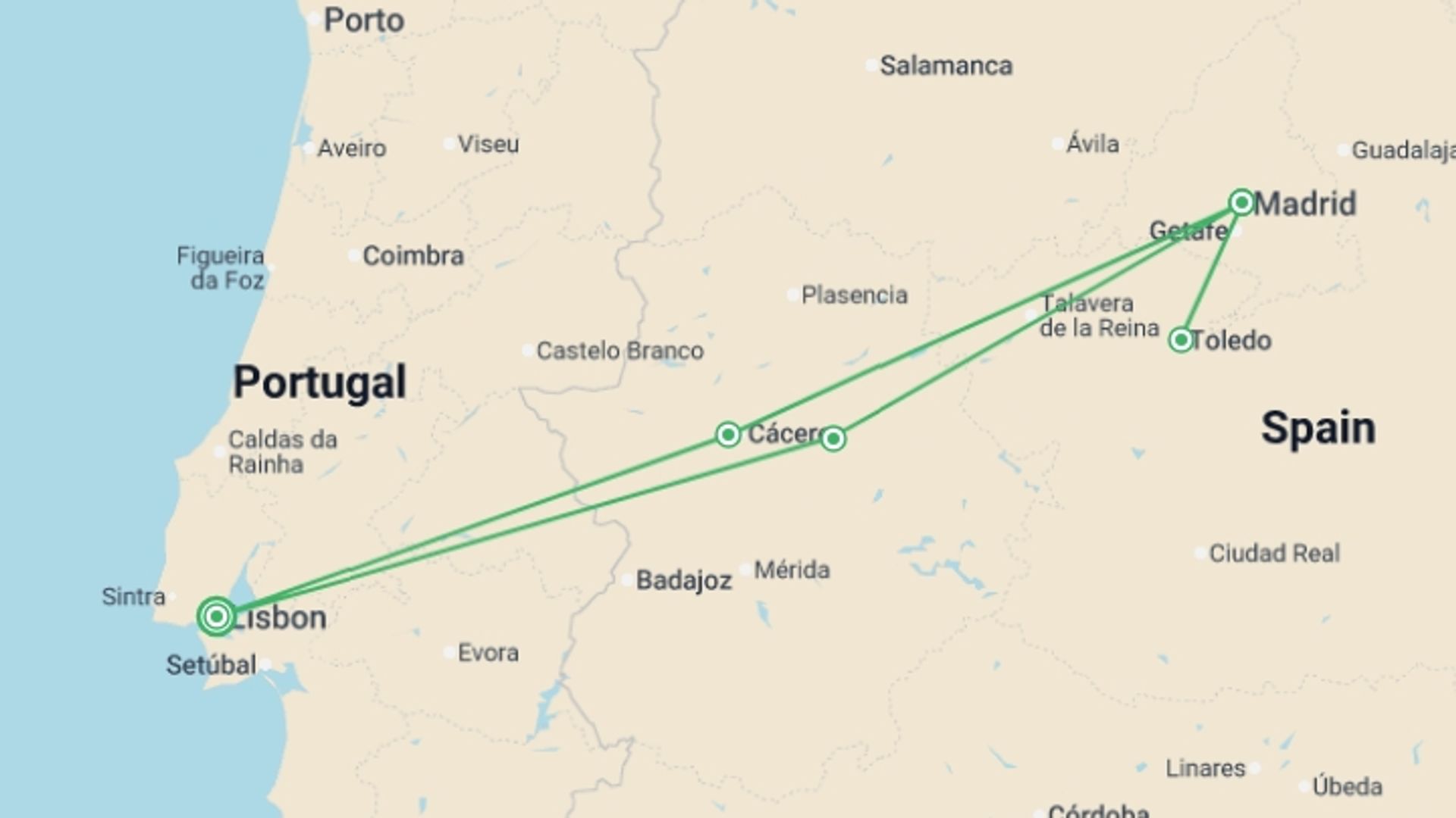 A map showing the tour itinerary for the trip: 5-day Madrid Tour From Lisbon (c-6520), starting in Lisbon, Portugal and ending in Lisbon, Portugal going through 1 other destinations.