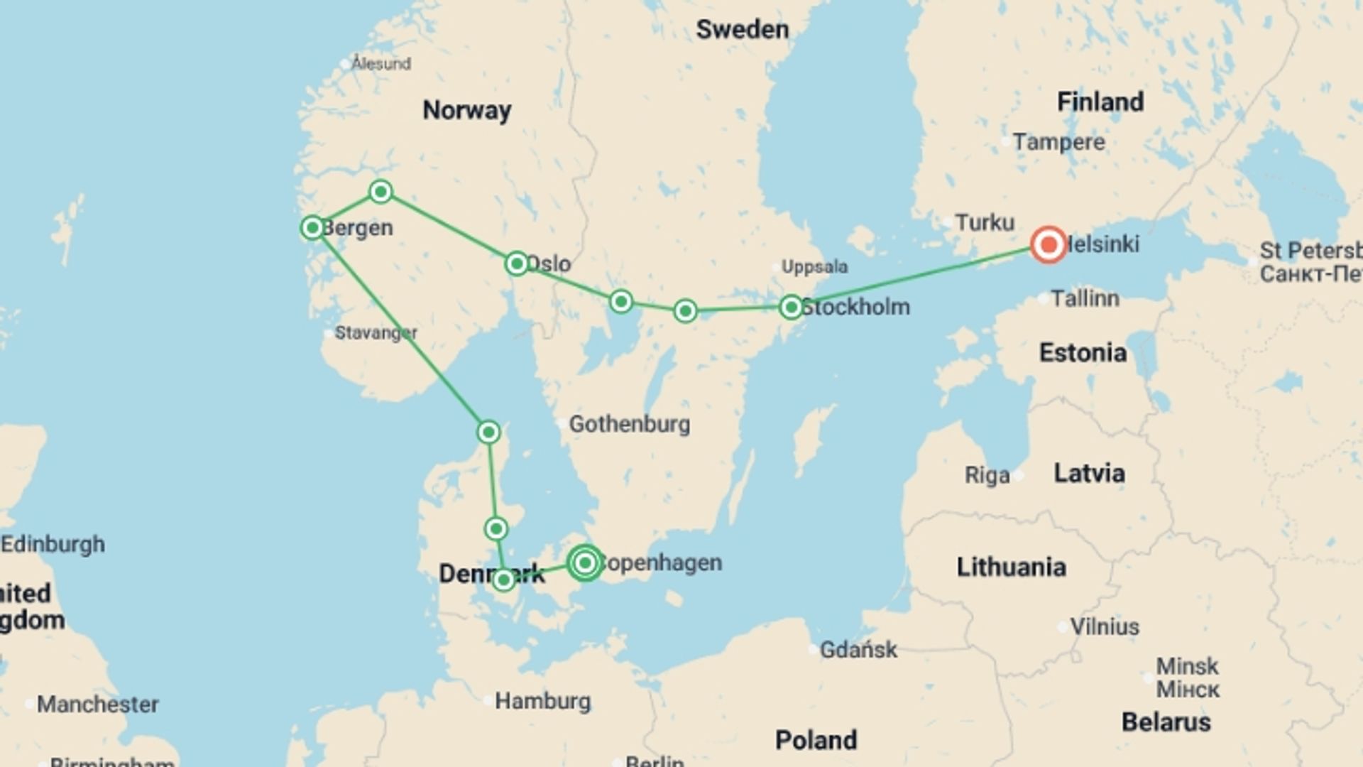 A map showing the tour itinerary for the trip: Copenhagen to Helsinki, starting in Copenhagen, Denmark and ending in Helsinki, Finland going through 5 other destinations.