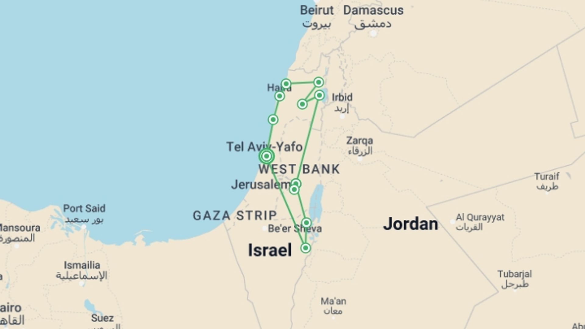 A map showing the tour itinerary for the trip: French Circuit, French-speaking Guide, starting in Tel Aviv, Israel and ending in Tel Aviv, Israel going through 2 other destinations.
