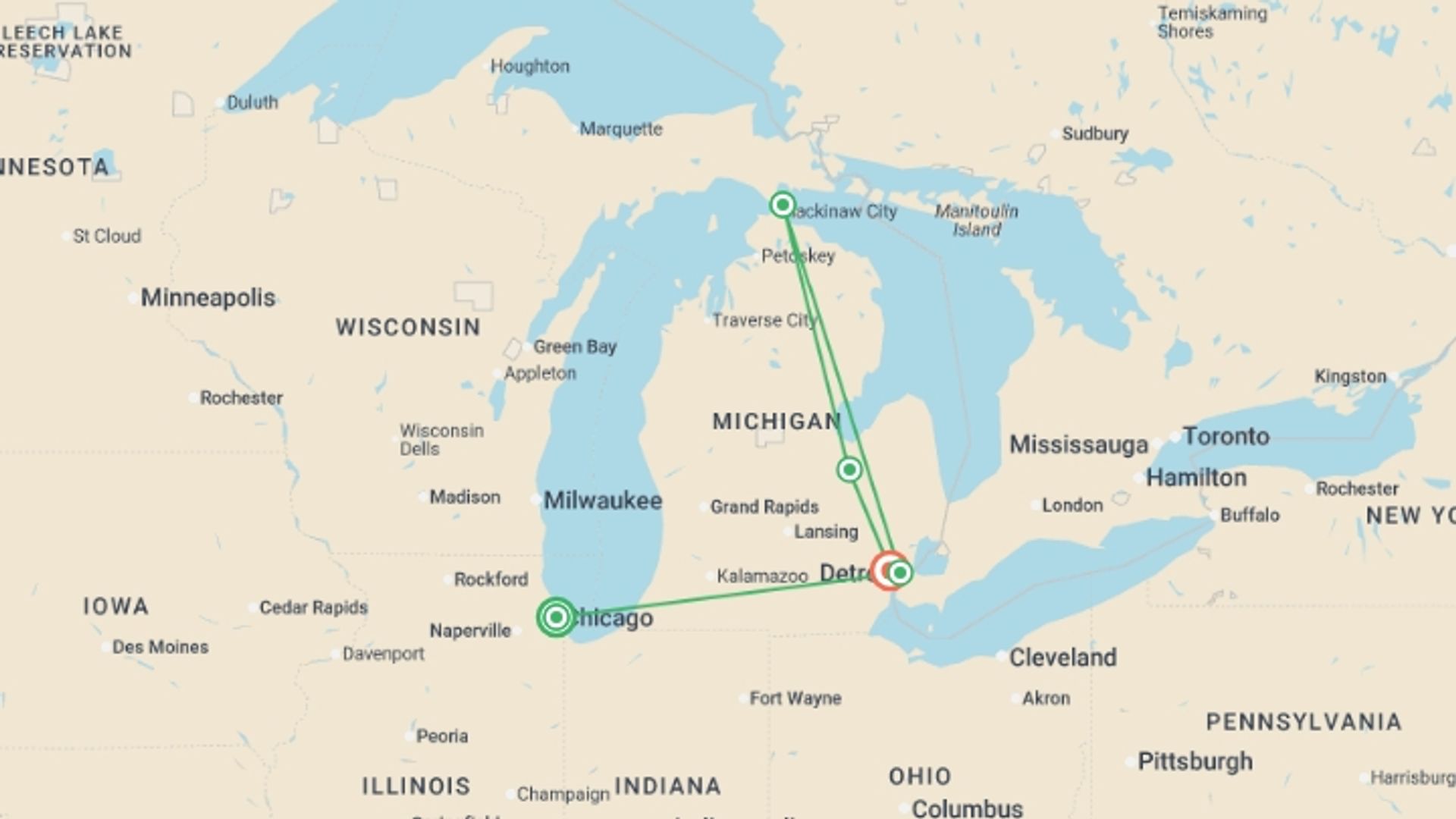 A map showing the tour itinerary for the trip: Scenic Great Lakes with Mackinac Island, starting in Chicago, USA and ending in Detroit, USA going through 3 other destinations.