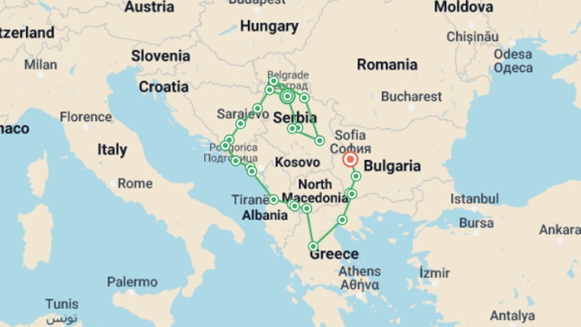 A map showing the tour itinerary for the trip: Jewels of Serbia and the Balkans, starting in Belgrade, Serbia and ending in Sofia, Bulgaria going through 9 other destinations.