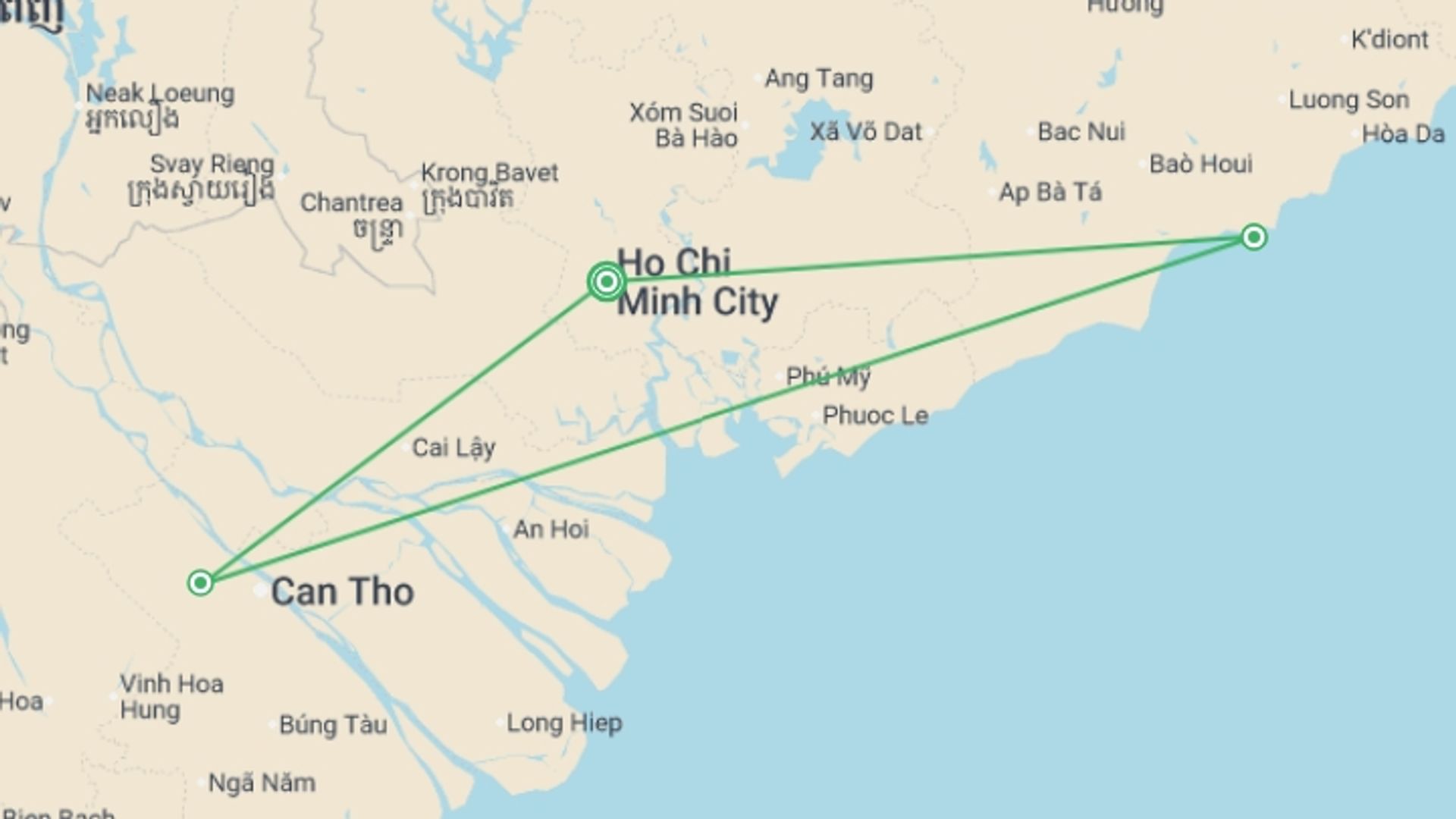 A map showing the tour itinerary for the trip: Saigon, Mekong & Mui Ne Beach (Deluxe) - 8 days , starting in Ho Chi Minh City, Vietnam and ending in Ho Chi Minh City, Vietnam going through 2 other destinations.
