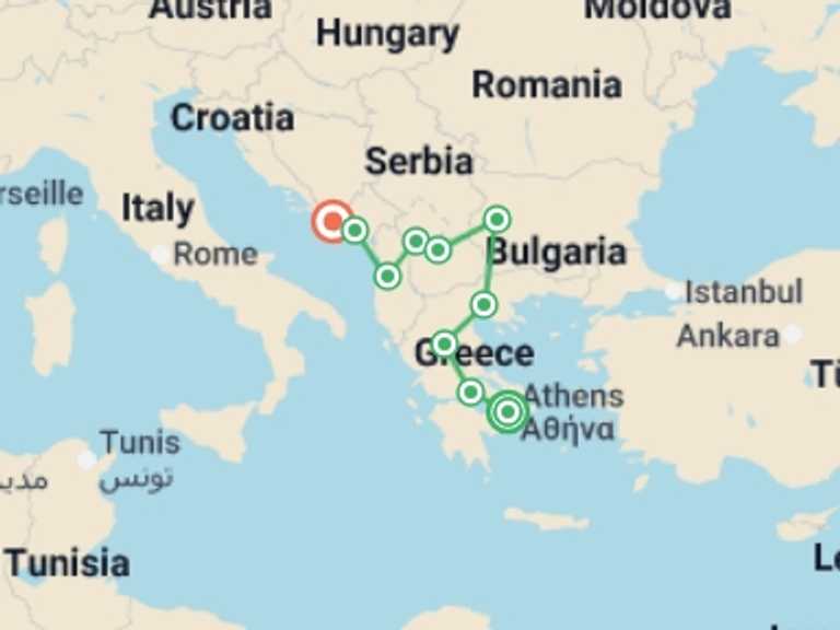 Map itinerary of Europe Tour in May 2026 with 7 destination visits for the trip: Ancient Greece & Western Balkans - 9 days