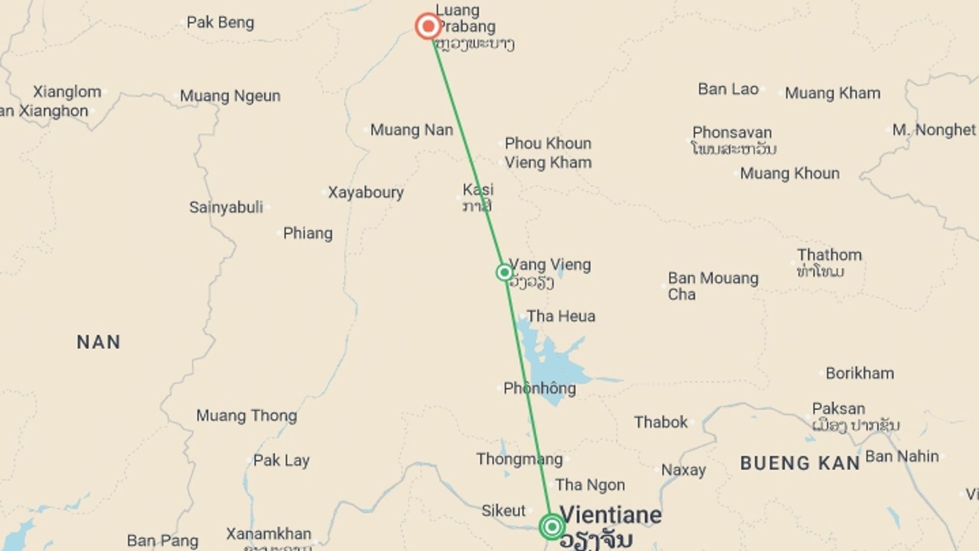 A map showing the tour itinerary for the trip: Highlights of Laos - 7 days, starting in Vientiane, Laos and ending in Luang Prabang, Laos going through 1 other destinations.