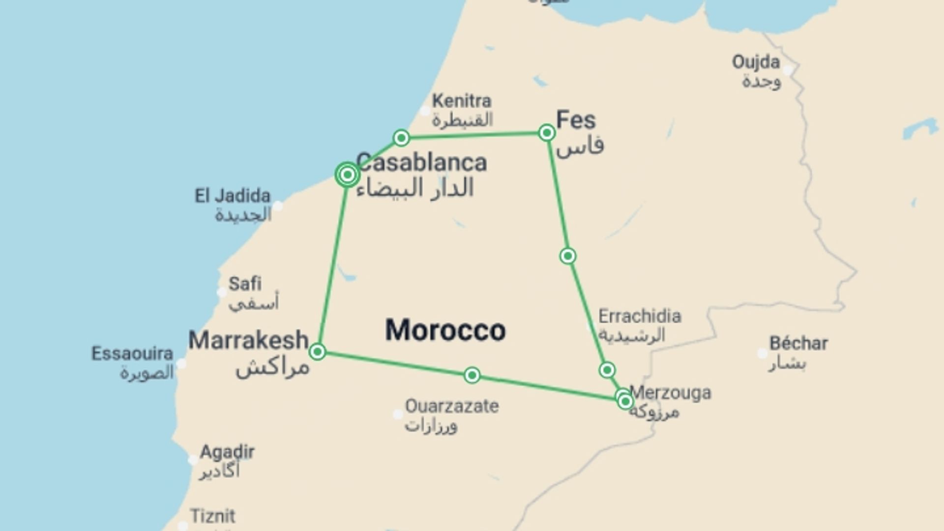 A map showing the tour itinerary for the trip: Colors of Morocco , starting in Casablanca, Morocco and ending in Casablanca, Morocco going through 7 other destinations.