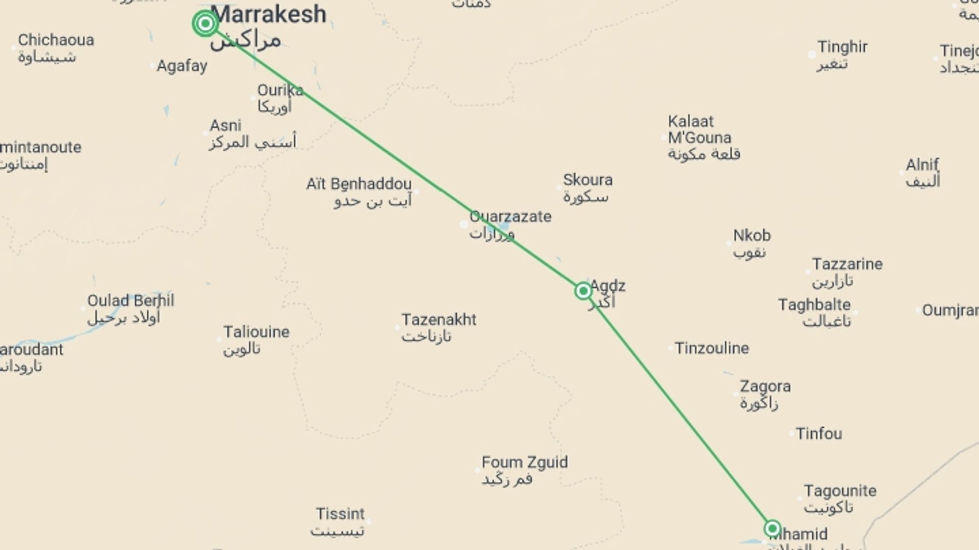 A map showing the tour itinerary for the trip: Oasis & Desert, 4 Days, Private Tour, starting in Marrakech, Morocco and ending in Marrakech, Morocco going through 1 other destinations.