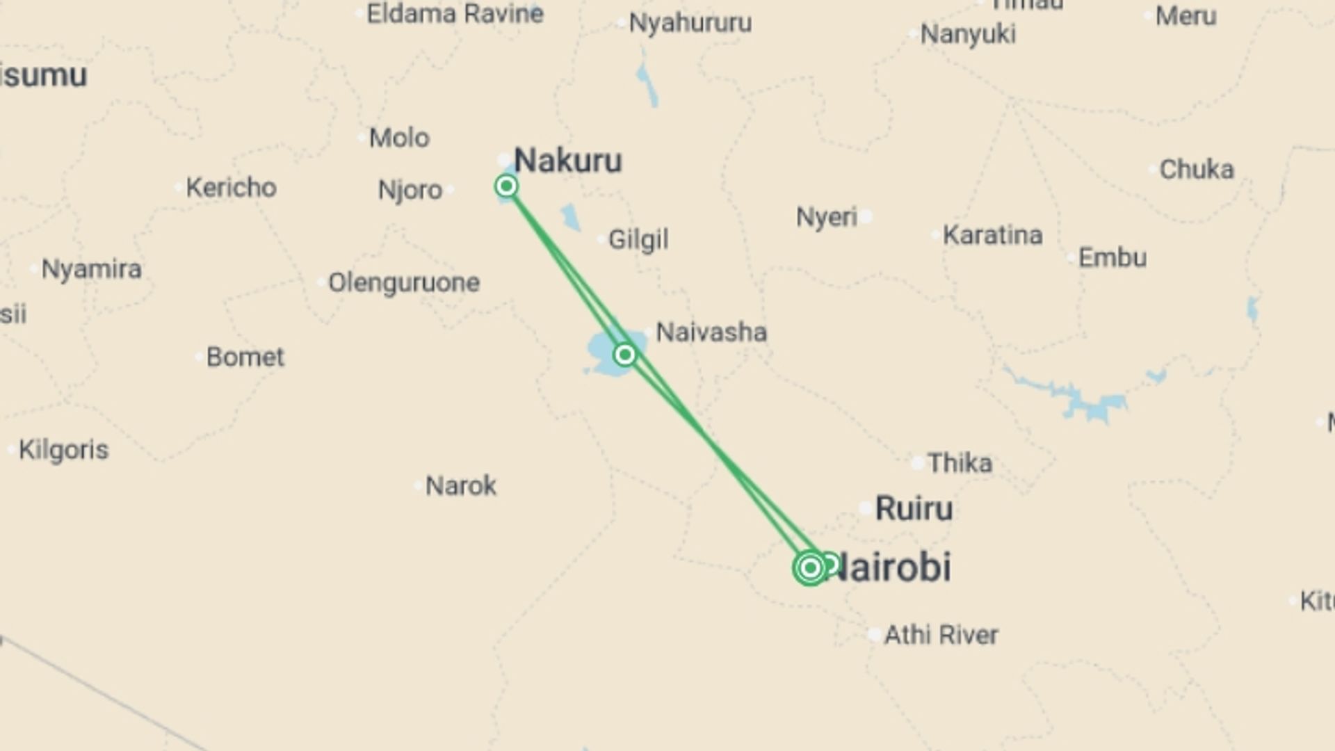 A map showing the tour itinerary for the trip: Kenya Family Safari, starting in Nairobi, Kenya and ending in Nairobi, Kenya going through 3 other destinations.