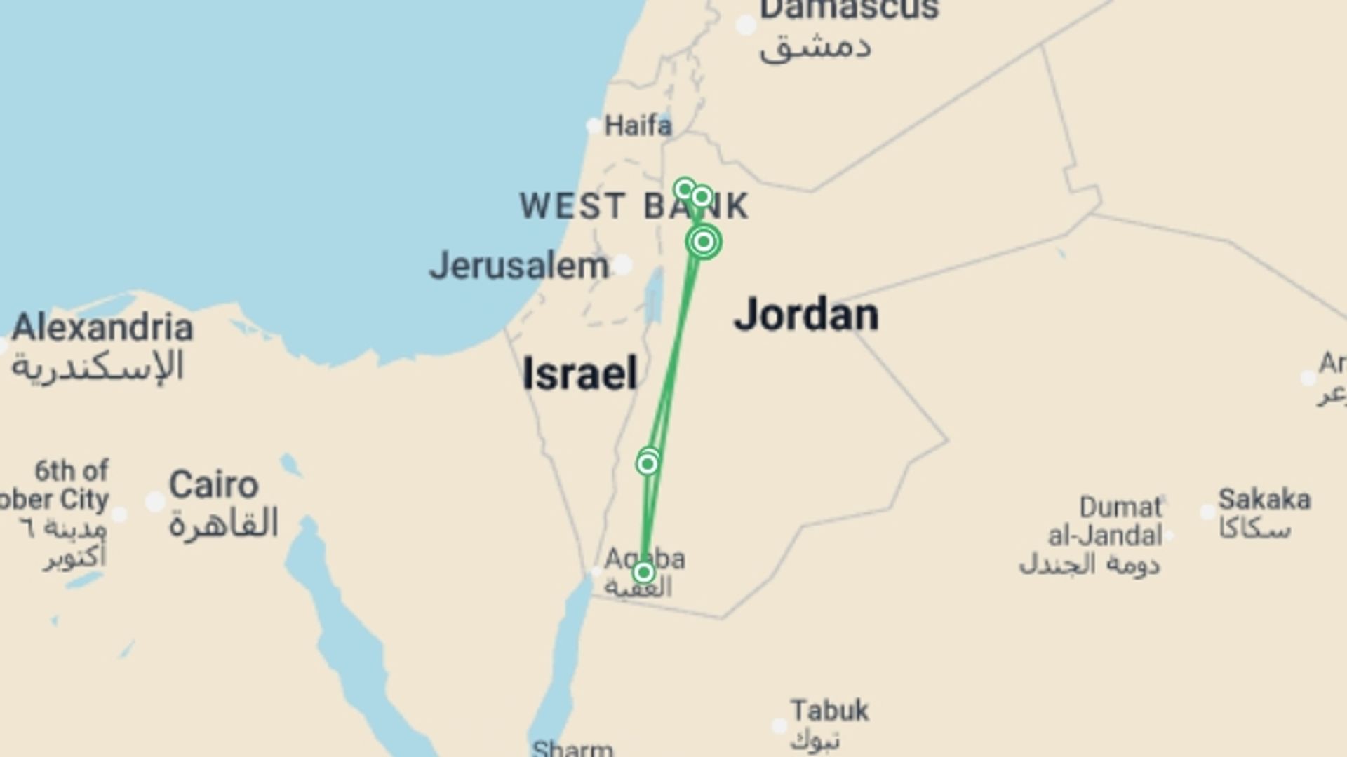 A map showing the tour itinerary for the trip: Highlights of Jordan, starting in Amman, Jordan and ending in Amman, Jordan going through 3 other destinations.