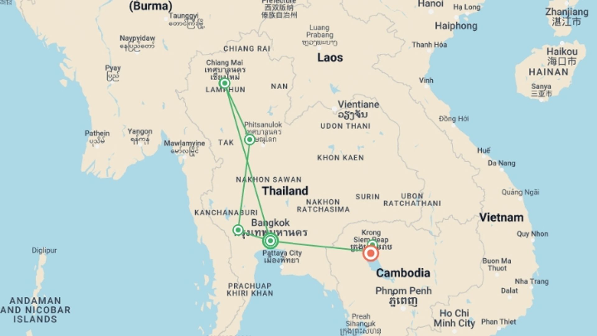 A map showing the tour itinerary for the trip: Thailand and the Temples of Angkor, starting in Bangkok, Thailand and ending in Siem Reap, Cambodia going through 6 other destinations.