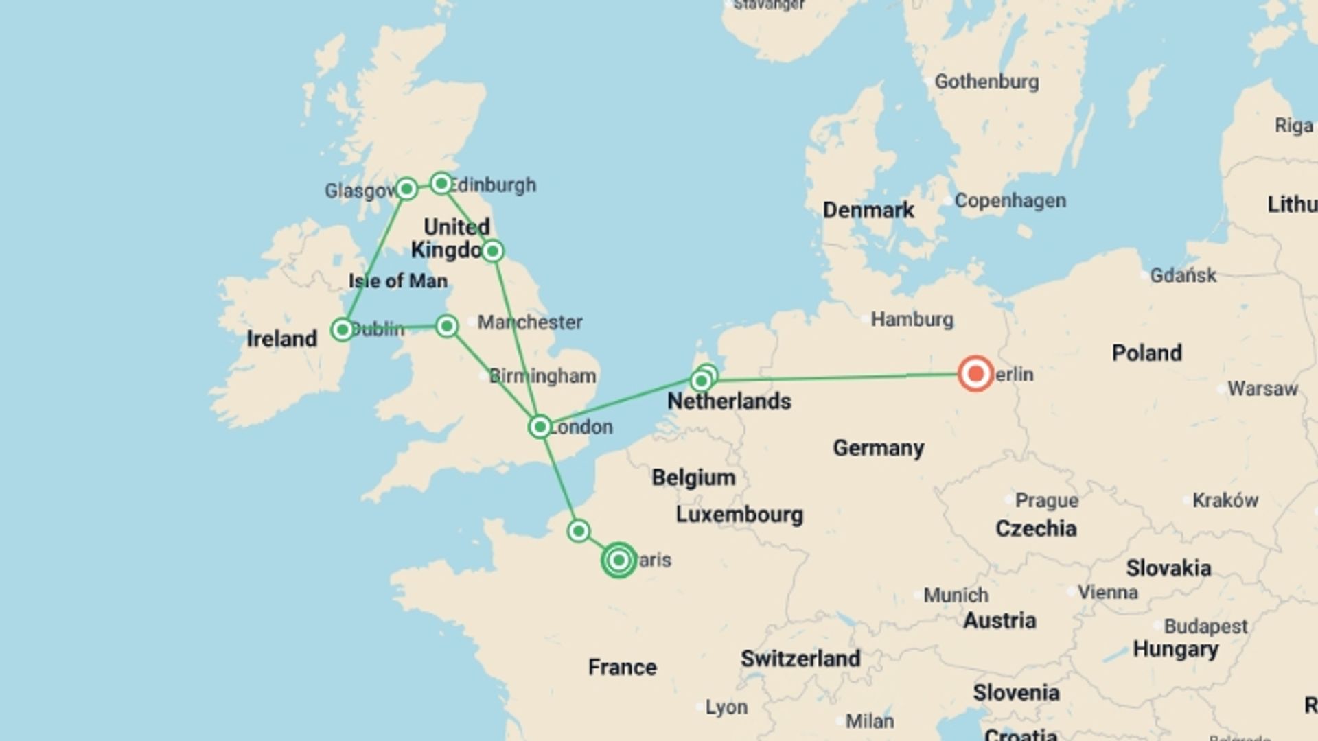 A map showing the tour itinerary for the trip: Atlantic Ring and Berlin, starting in Paris, France and ending in Berlin, Germany going through 9 other destinations.