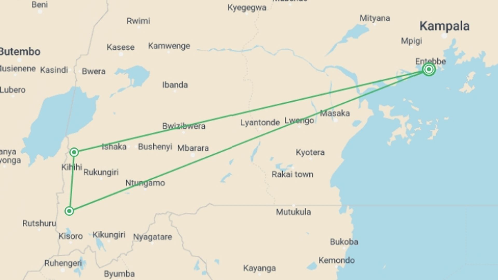 A map showing the tour itinerary for the trip: 5-Day Gorilla Trekking, Big 5 & Big Cats Safari, starting in Entebbe, Uganda and ending in Entebbe, Uganda going through 3 other destinations.