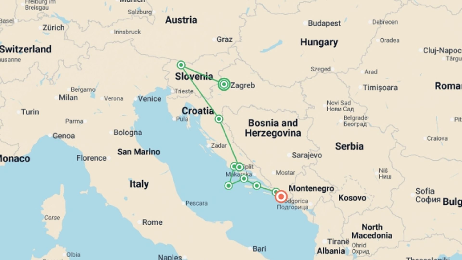 A map showing the tour itinerary for the trip: Charming Croatia with Adriatic Cruise, starting in Zagreb, Croatia and ending in Dubrovnik, Croatia going through 8 other destinations.