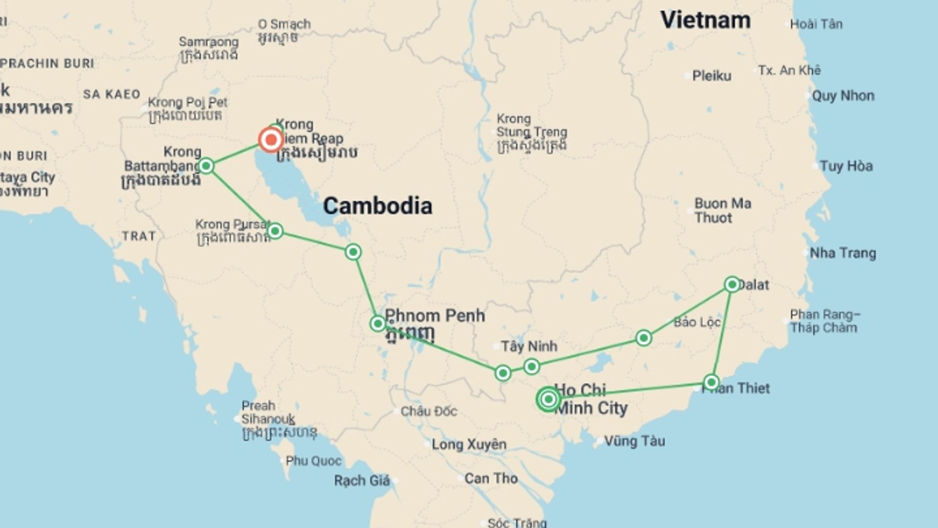 A map showing the tour itinerary for the trip: Road Biking from Saigon to Angkor, starting in Ho Chi Minh City, Vietnam and ending in Siem Reap, Cambodia going through 10 other destinations.
