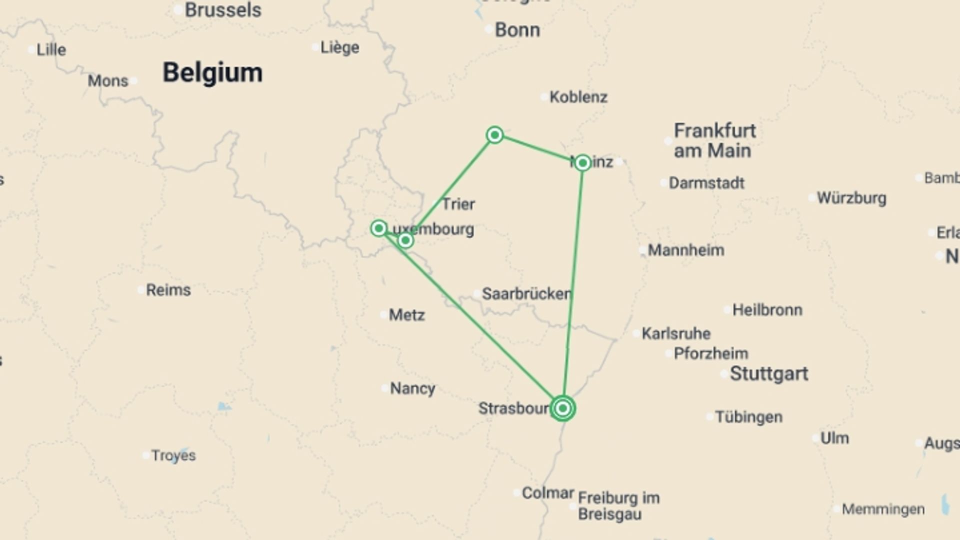 A map showing the tour itinerary for the trip: 4 Rivers: The Neckar, Romantic Rhine, Moselle, and Sarre Valleys, starting in Strasbourg, France and ending in Strasbourg, France going through 4 other destinations.