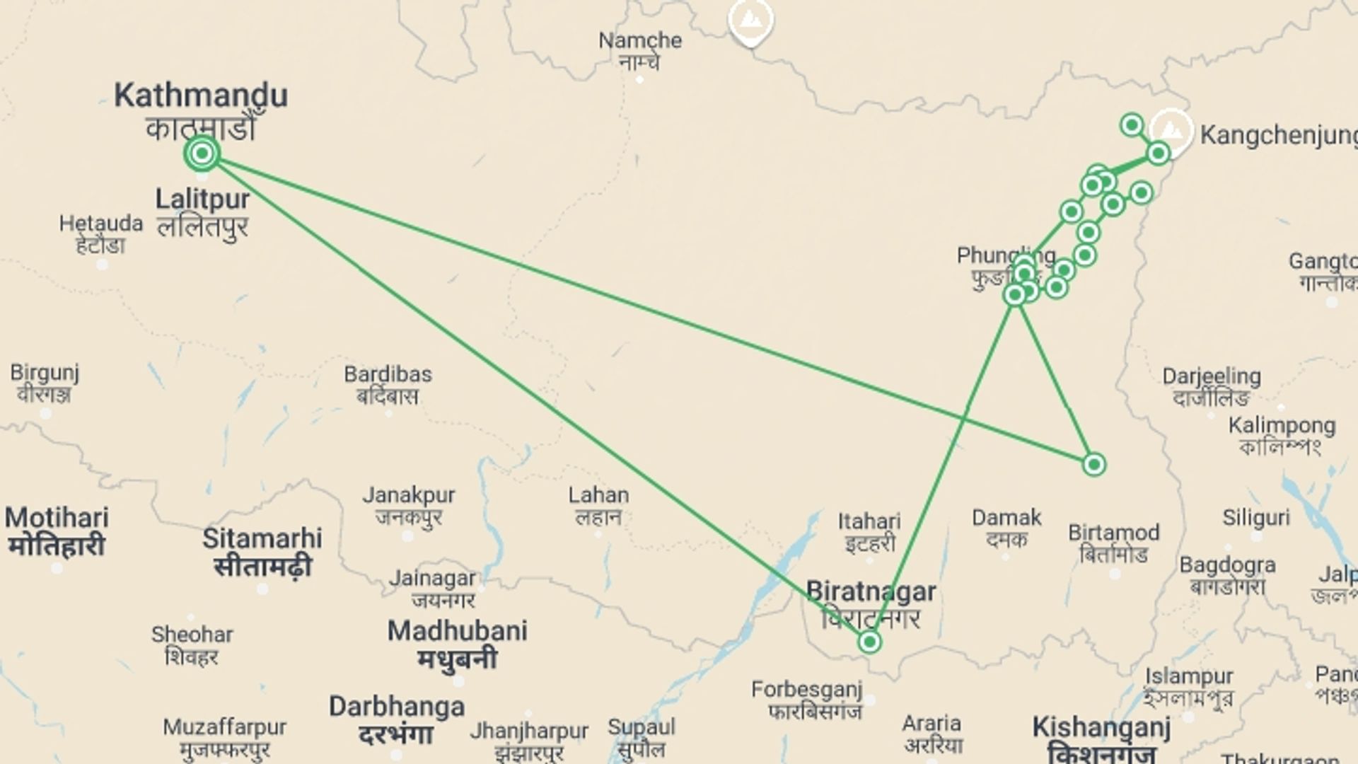 A map showing the tour itinerary for the trip:  Kanchenjunga Circuit Trek, starting in Kathmandu, Nepal and ending in Kathmandu, Nepal going through 19 other destinations.