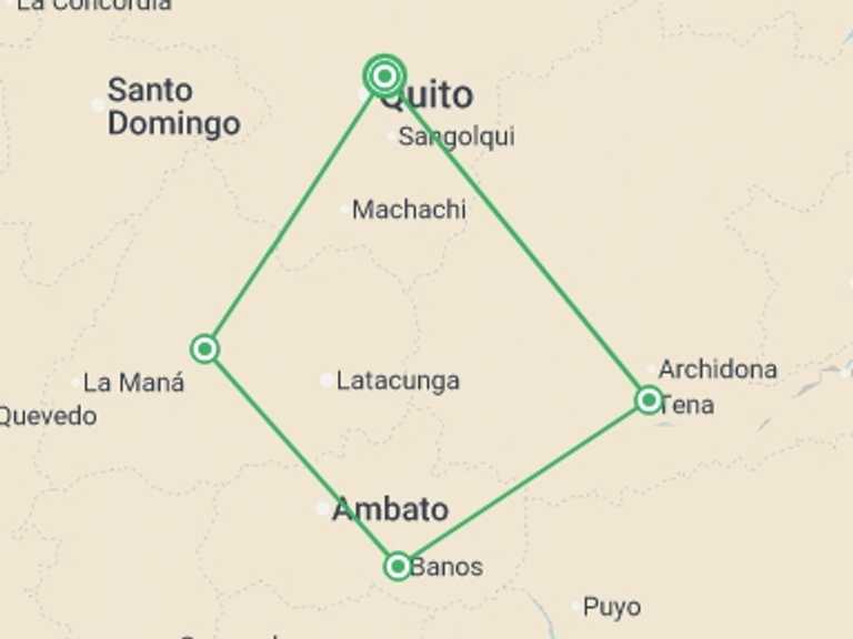 Map itinerary of South America Tour in December 2026 with 4 destination visits for the trip: Ecuador: The Amazon, Cloud Forests & Crater Lakes