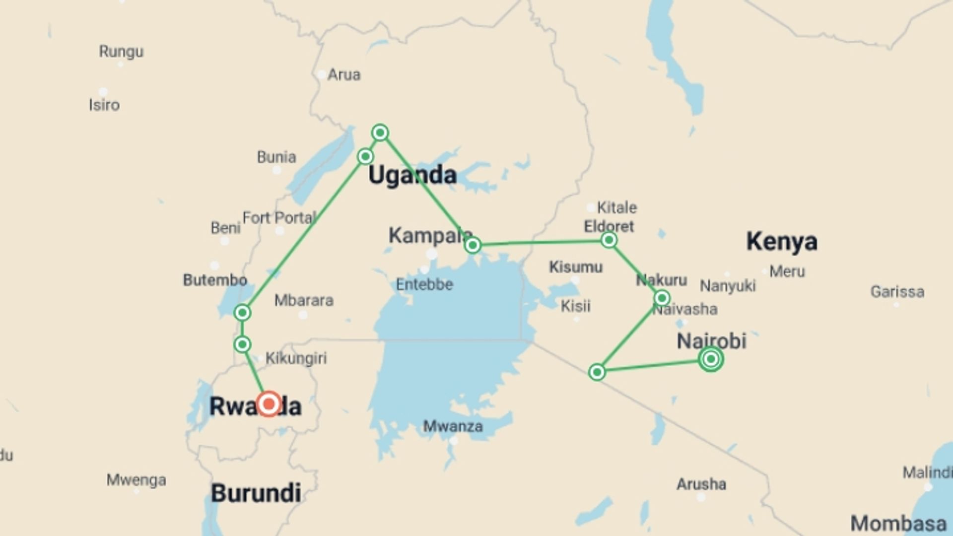 A map showing the tour itinerary for the trip: Gorillas & Masai Mara - Camping, starting in Nairobi, Kenya and ending in Kigali, Rwanda going through 8 other destinations.
