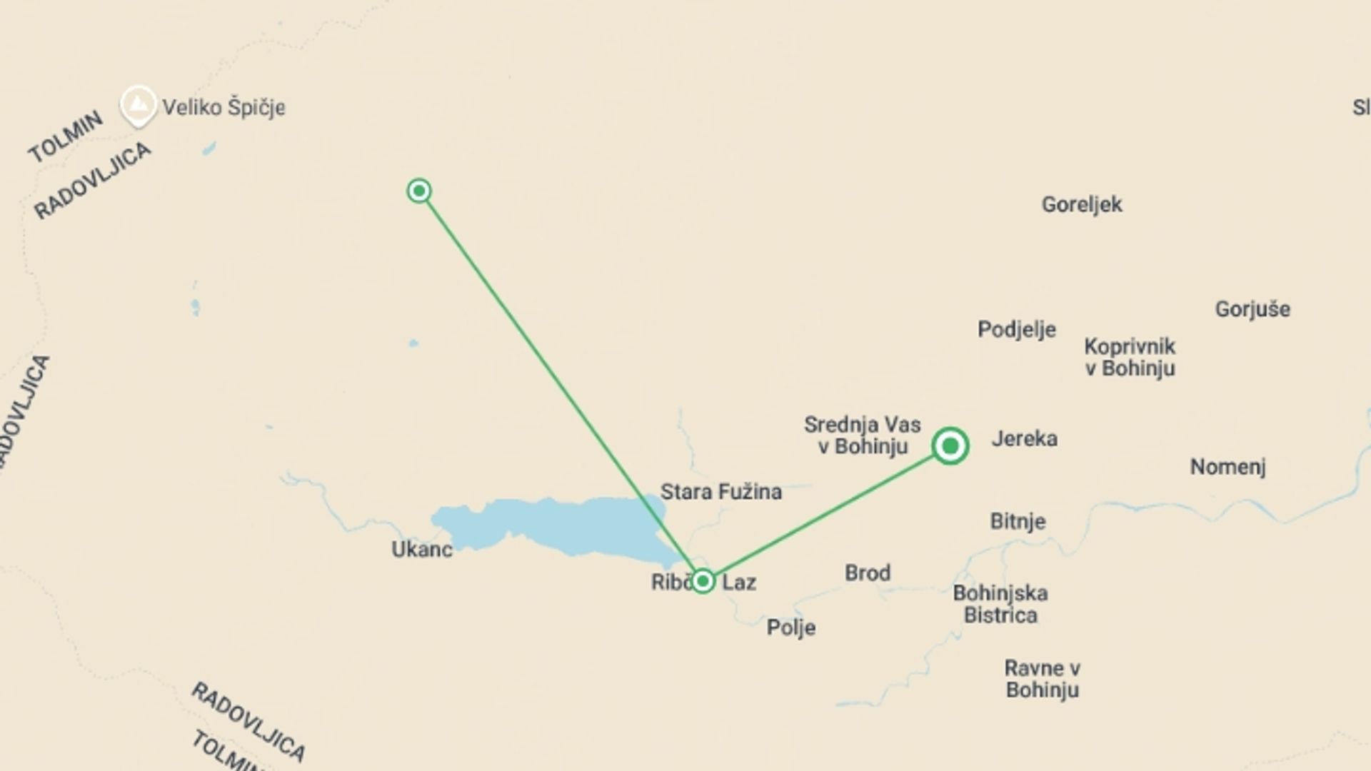 A map showing the tour itinerary for the trip: Lake Bled and Lake Bohinj Walk, starting in Bohinj, Slovenia and ending in Bohinj, Slovenia going through 2 other destinations.
