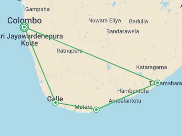Map of Sri Lanka Tour with 2 destination visits for the trip: Experience The Diverse South