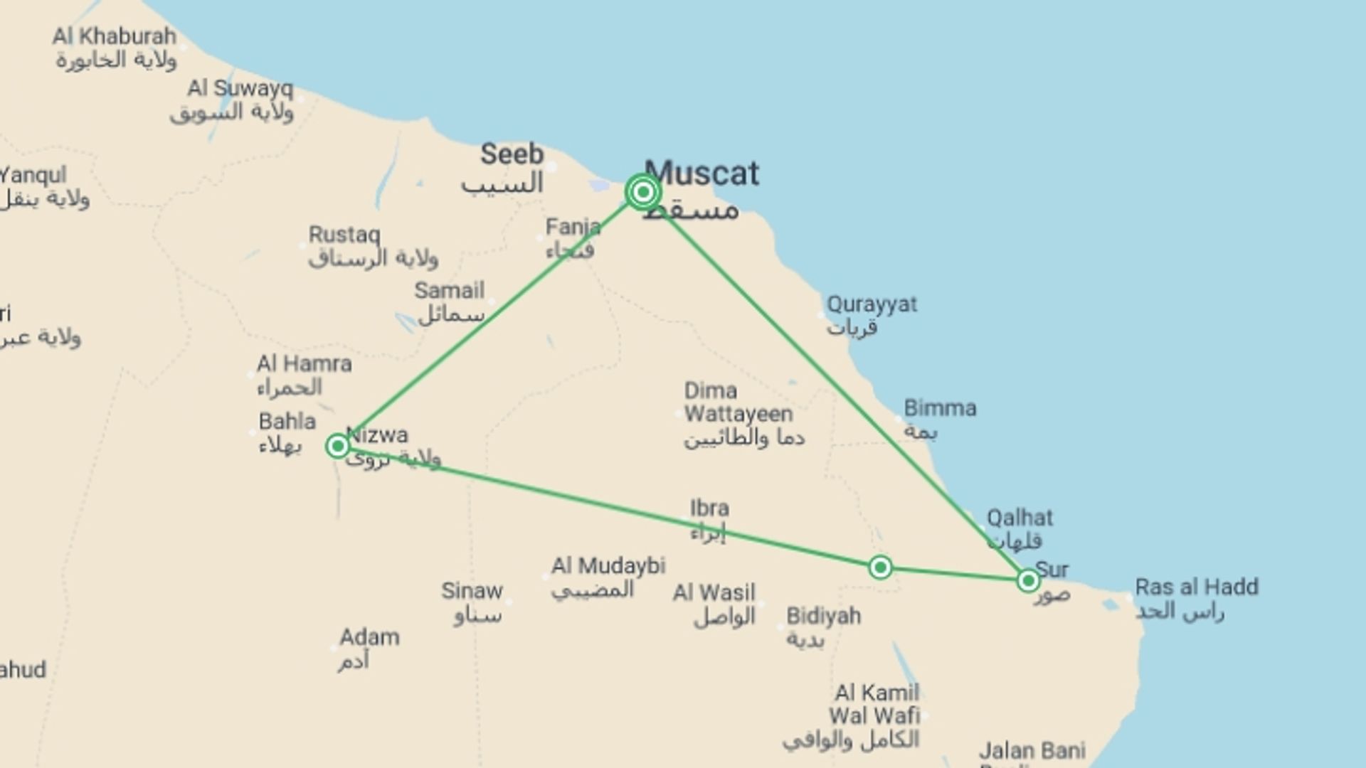A map showing the tour itinerary for the trip: A Week in Oman, starting in Muscat, Oman and ending in Muscat, Oman going through 3 other destinations.