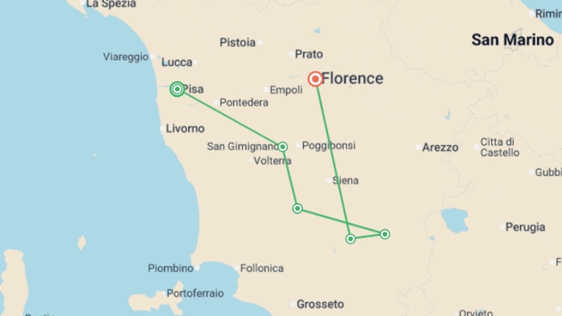 A map showing the tour itinerary for the trip: Tuscany Walking and Wine, starting in Pisa, Italy and ending in Florence, Italy going through 4 other destinations.