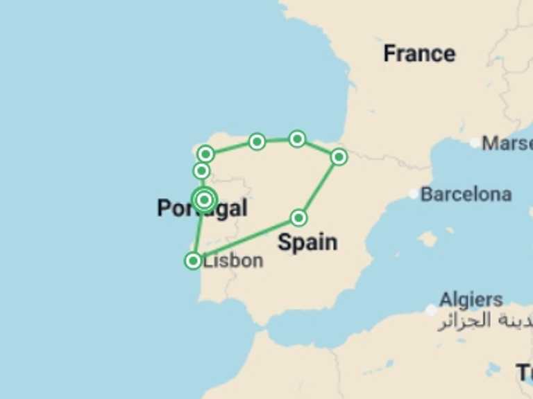 Map of Europe Tour with 8 destination visits for the trip: Northern Spain & Lisbon From Porto - 12 days