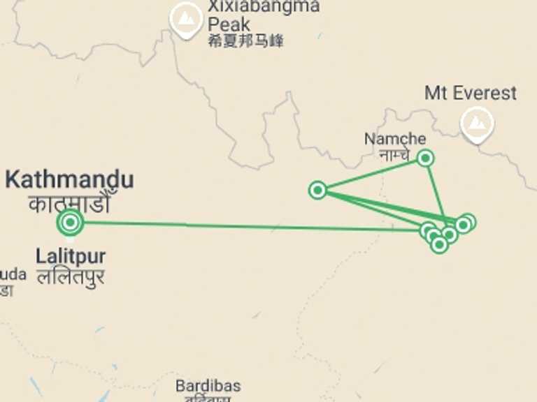 Map itinerary of Nepal Tour in Winter with 8 destination visits for the trip:  Mera peak Short climbing and Trekking