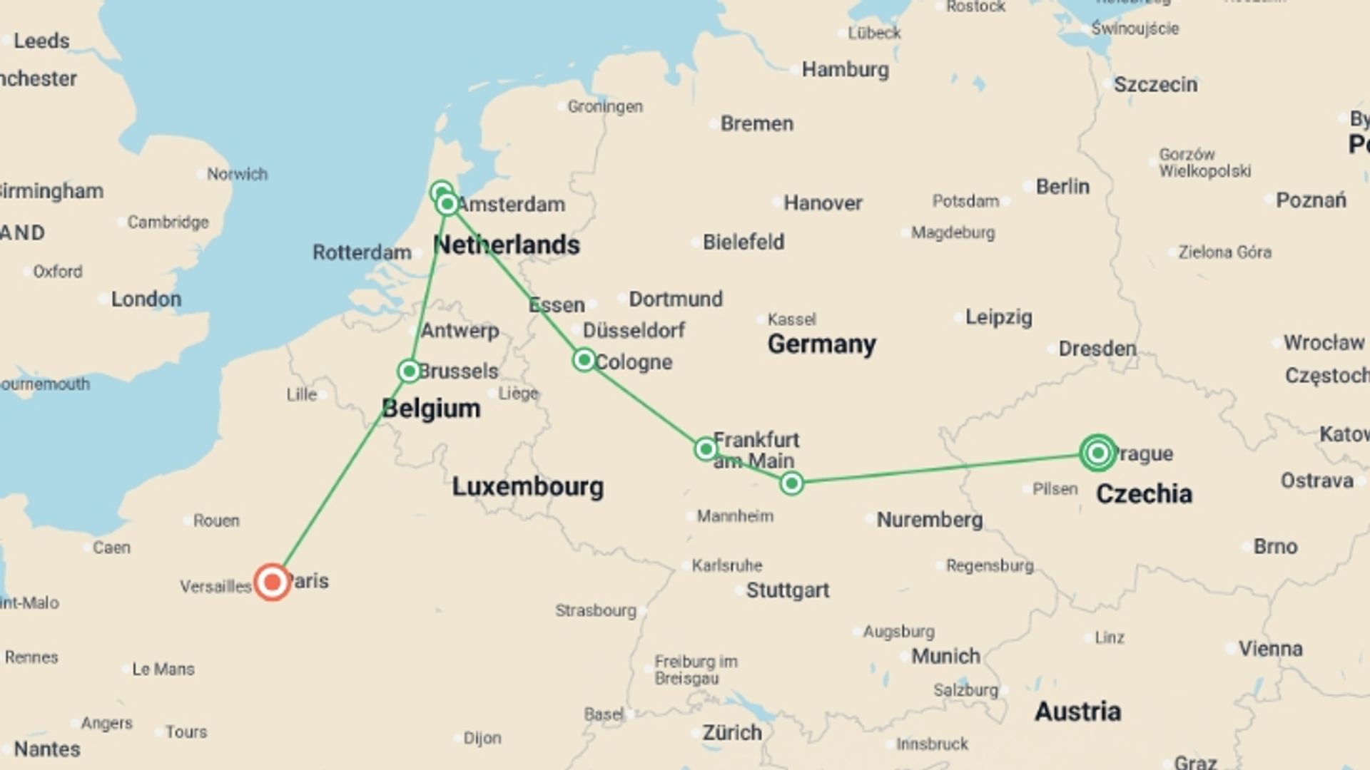 A map showing the tour itinerary for the trip: From Prague to Paris, starting in Prague, Czech Republic and ending in Paris, France going through 3 other destinations.