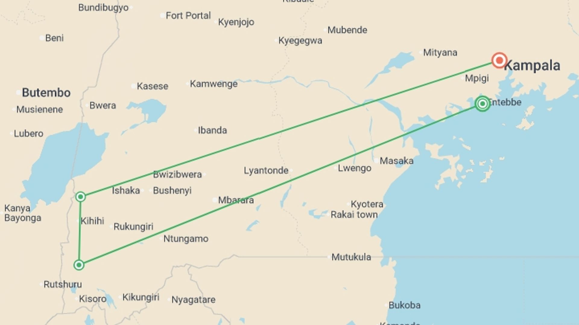A map showing the tour itinerary for the trip: Uganda Gorilla & Lake Safari 5D/4N, starting in Entebbe, Uganda and ending in Kampala, Uganda going through 2 other destinations.