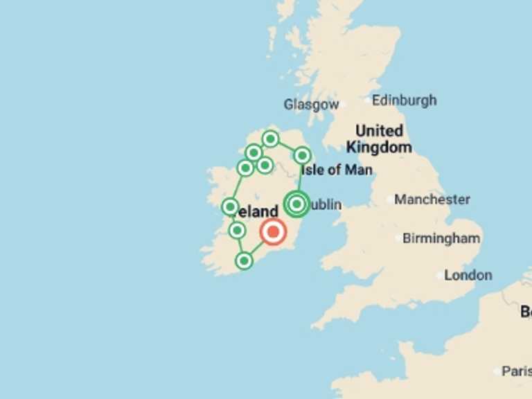 Map itinerary of Europe Tour in June 2026 with 7 destination visits for the trip: The Best of Ireland 