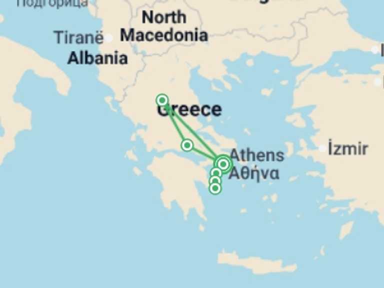 Map itinerary of Greece Tour in October 2026 with 2 destination visits for the trip: Dreaming Of Classical Greece, Spanish-speaking Guide