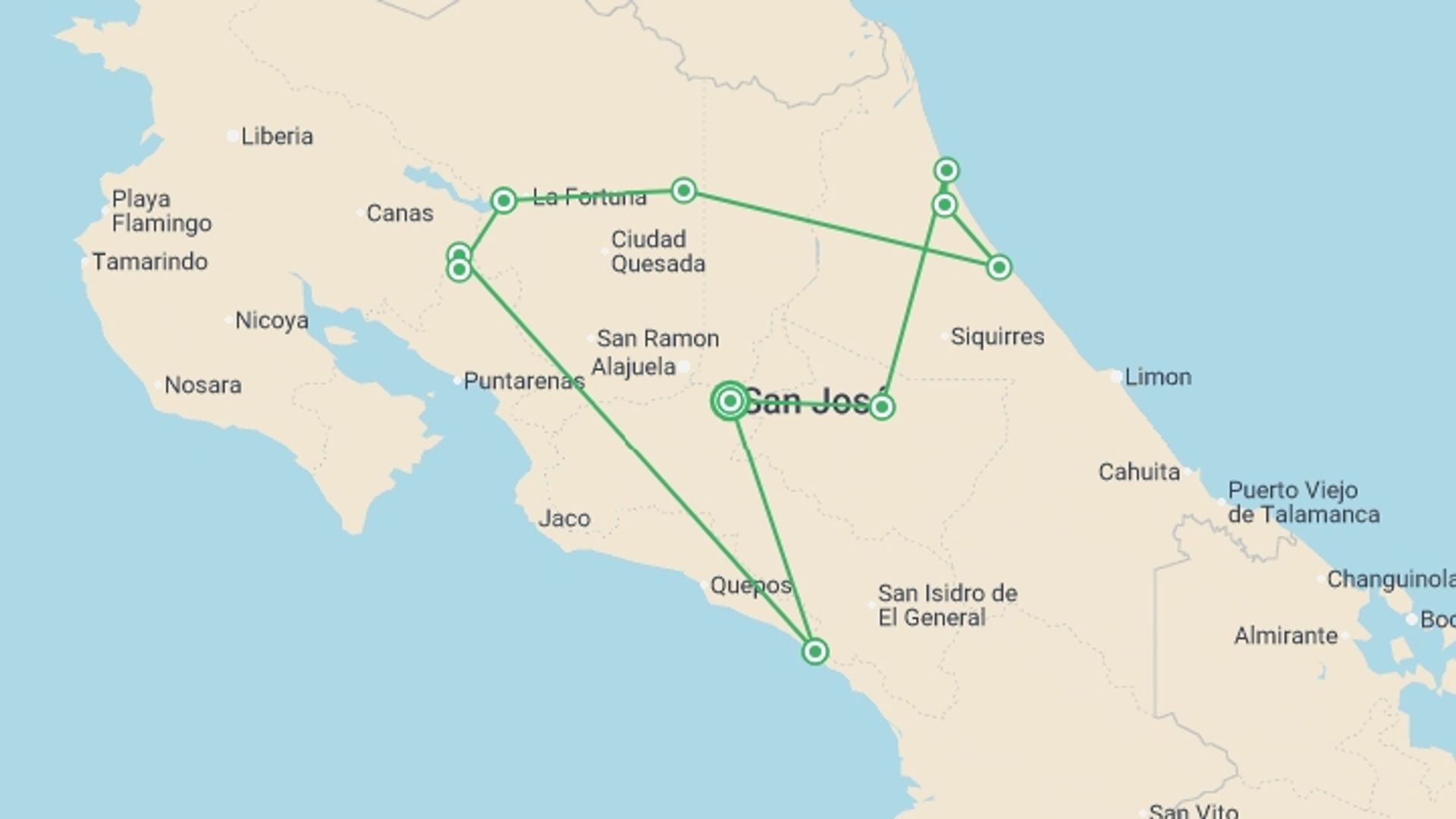A map showing the tour itinerary for the trip: Family Costa Rica Rainforest and Wildlife Adventure, starting in San Jose, Costa Rica and ending in San Jose, Costa Rica going through 8 other destinations.