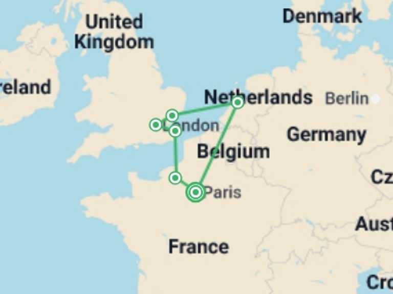 Map itinerary of Mediterranean Tour in October 2026 with 6 destination visits for the trip: European Triangle ROT GO