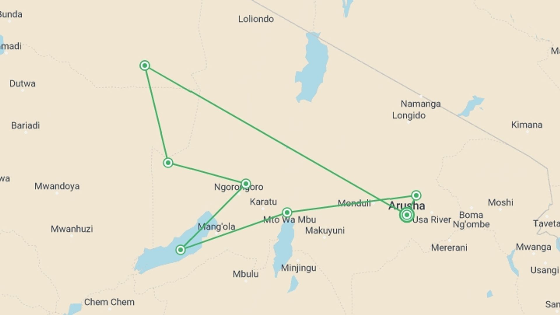 A map showing the tour itinerary for the trip: Best of Wildebeast Migration (8 days), starting in Arusha, Tanzania and ending in Arusha, Tanzania going through 7 other destinations.