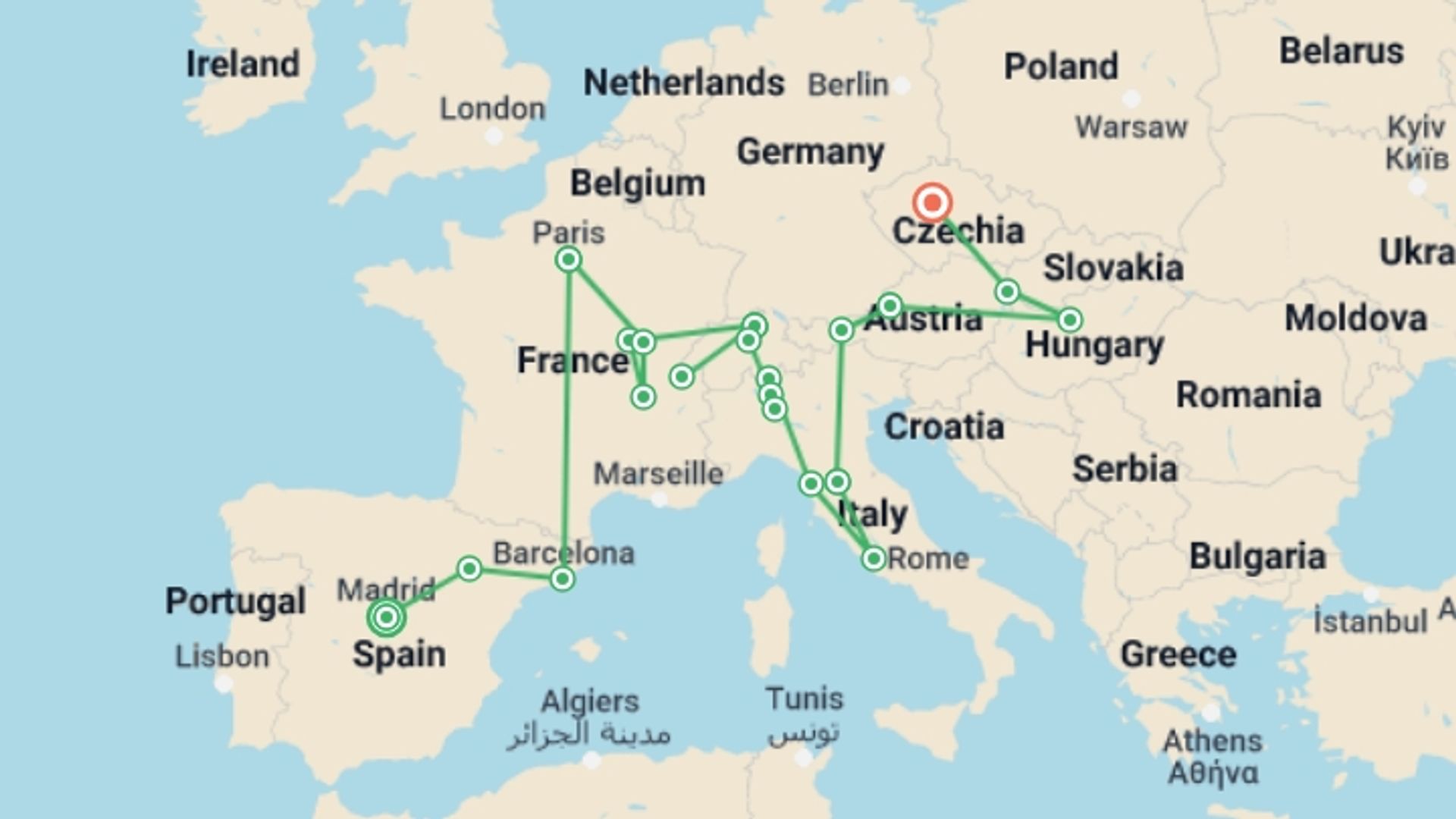 A map showing the tour itinerary for the trip: The Big Four, starting in Madrid, Spain and ending in Prague, Czech Republic going through 4 other destinations.