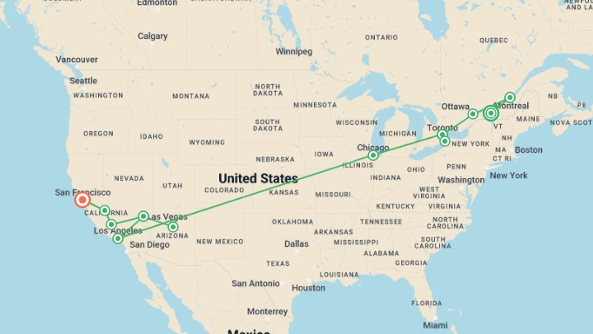 A map showing the tour itinerary for the trip: Canadian Capitals with Chicago and the entire West Coast, starting in Montreal, Canada and ending in San Francisco, USA going through 11 other destinations.