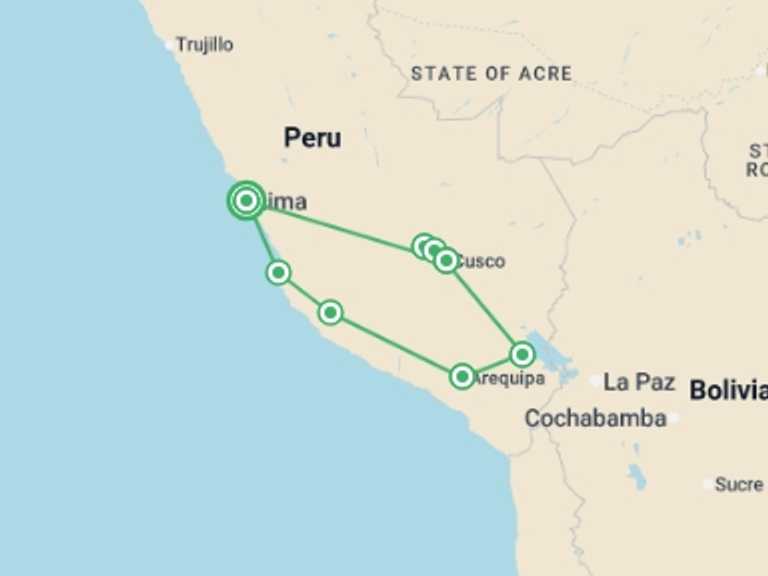 Map of 15-Day Peru Tour with 9 destination visits for the trip: Majestic Peru